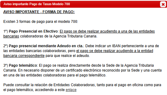 Aviso para el pago del modelo 700 de tasa de examen náutico en Canarias