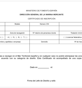 Modelo de Certificado de inscripción de embarcaciones de recreo en España