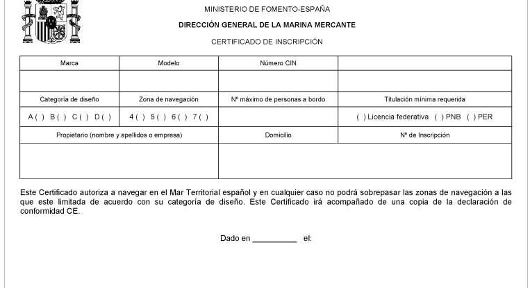 Modelo de Certificado de inscripción de embarcaciones de recreo en España