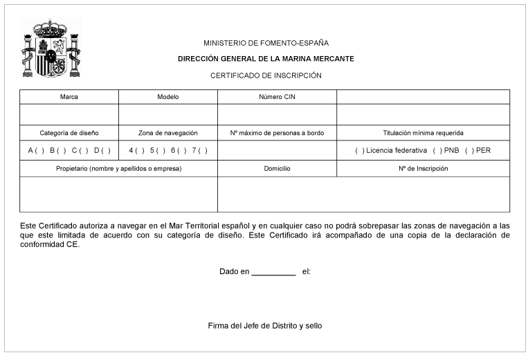 Modelo de Certificado de inscripción de embarcaciones de recreo en España