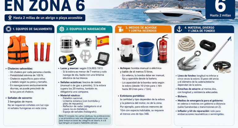 Zona de navegación 6 (que comprende la navegación en la cual la embarcación no se aleje más de 2 millas de un abrigo o playa accesible), el equipo de seguridad obligatorio
