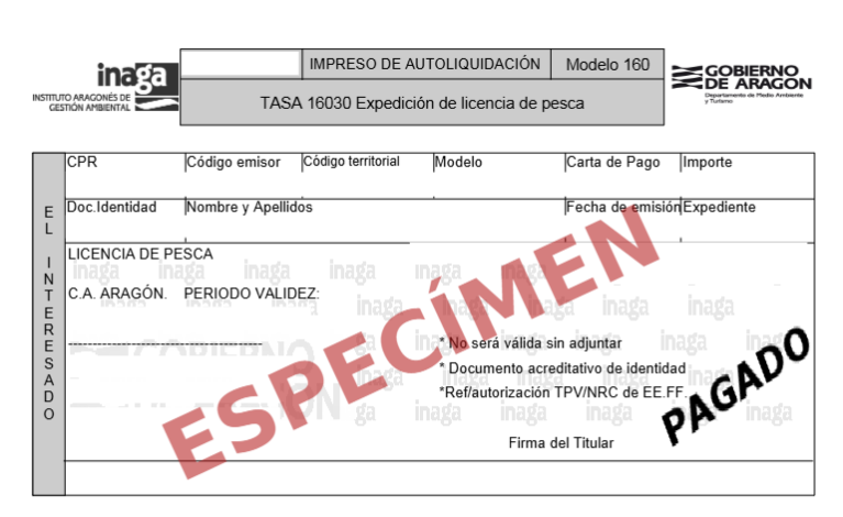 Espécimen de Licencia de pesca de Aragón
