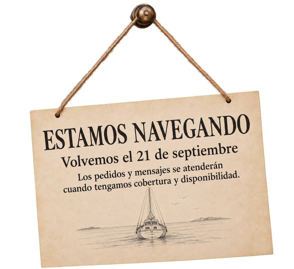 Cartel de Marinos.es con el mensaje «Estamos navegando», regreso el 21 de septiembre y atención de pedidos y mensajes según cobertura y disponibilidad.

