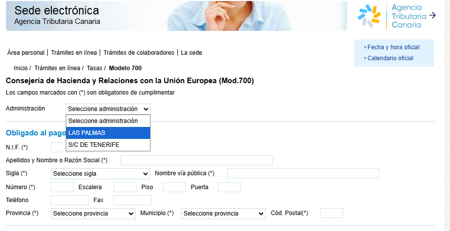 Formulario 700. Primera parte. Para el pago de la tasa de examen en Canarias de títulos náuticos.