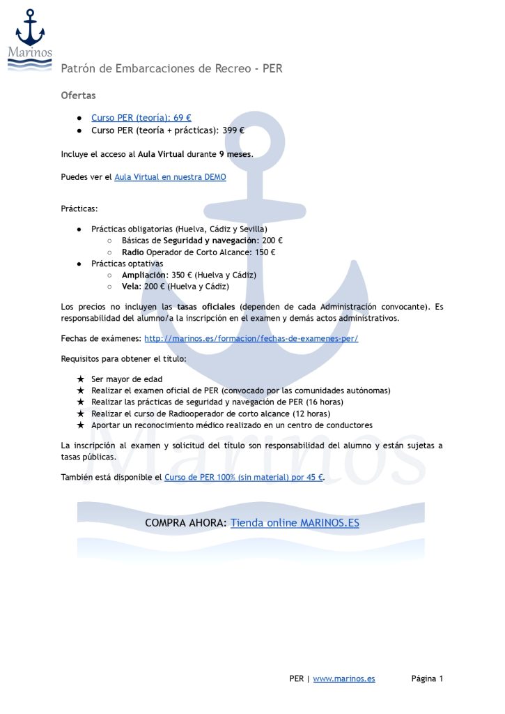 Información curso de Patrón de embarcaciones de recreo PER
