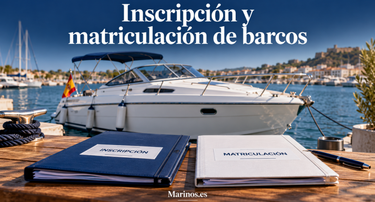 Embarcación de recreo con bandera española y carpetas de inscripción y matriculación en un puerto deportivo.