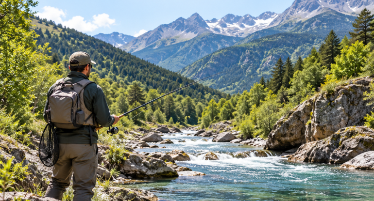 Pescador junto a un río de montaña para el producto Licencia de pesca de Aragón de Marinos.es.