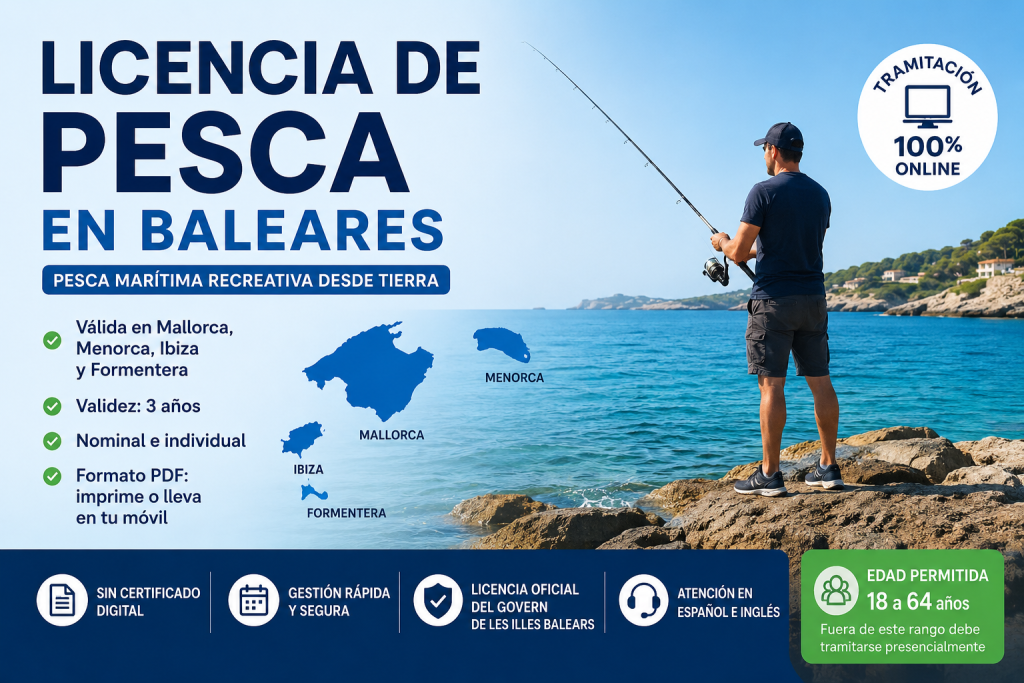 "Licencia de pesca Baleares" "Mallorca · Menorca · Ibiza · Formentera" "Válida 3 años"