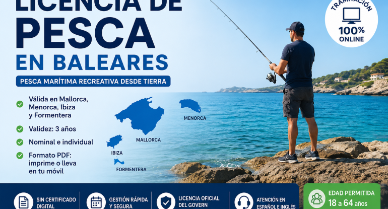 "Licencia de pesca Baleares" "Mallorca · Menorca · Ibiza · Formentera" "Válida 3 años"