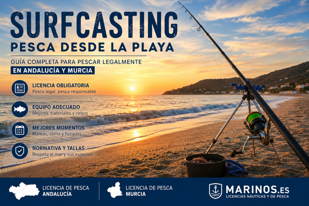 Descubre qué licencia necesitas para practicar surfcasting desde la playa en Andalucía y Murcia. Guía completa sobre normativa, equipos y consejos para pescar legalmente.