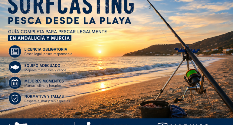 Descubre qué licencia necesitas para practicar surfcasting desde la playa en Andalucía y Murcia. Guía completa sobre normativa, equipos y consejos para pescar legalmente.