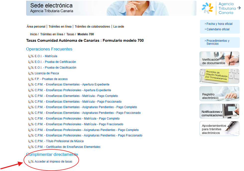 Acceso al formulario para el pago de la tasa de examen en Canarias para PNB, PER y Patrón de yate.