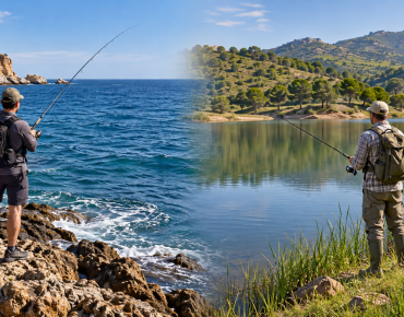Pescadores con caña en la costa y en un embalse, ilustrando la pesca marítima y continental.