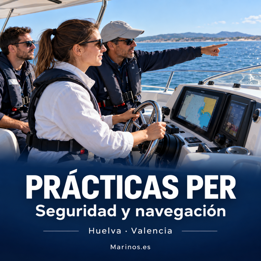 Alumna al timón con instructor durante las prácticas PER de seguridad y navegación en Huelva y Valencia.