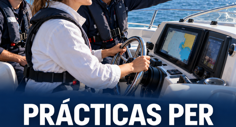 Alumna al timón con instructor durante las prácticas PER de seguridad y navegación en Huelva y Valencia.