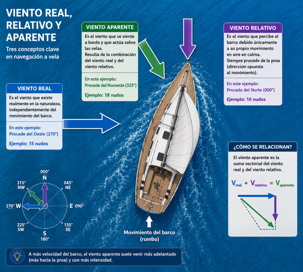 Dibujo de barco con diagramas del viento real, viento relativo y viento aparente, que se estudia en el curso del PER online de Marinos.es