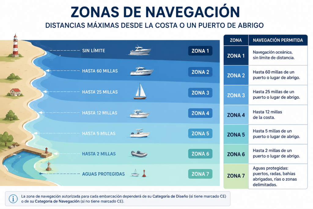 Zona de navegación y distancia de costa.